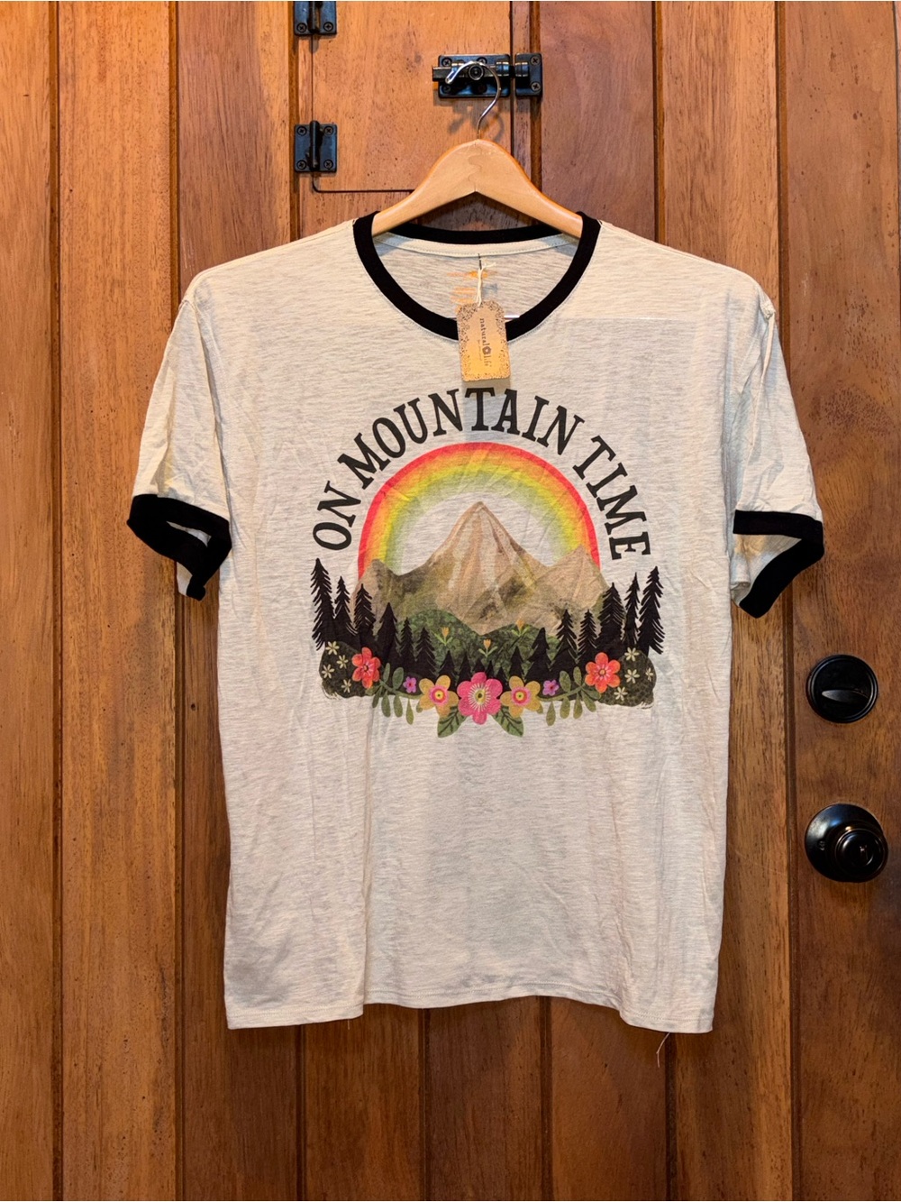 Natural Life On Mountain Time Graphic Ringer Tee - Cream with Black Trim